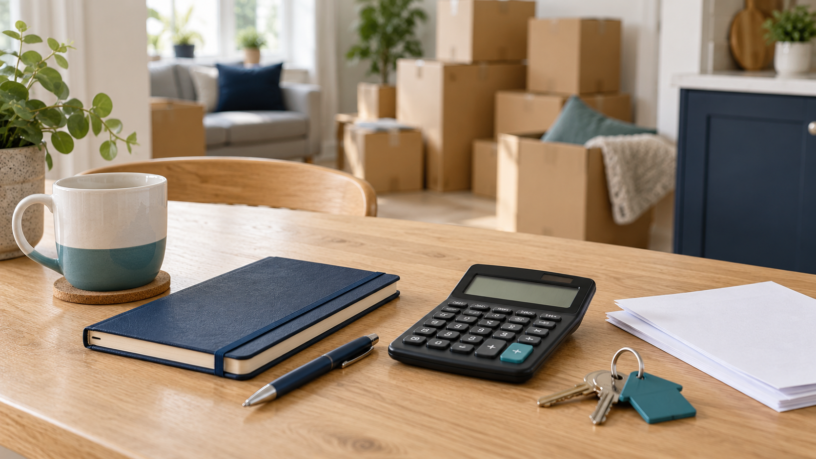 A calculator, notebook and house keys on a table with moving boxes in the background.